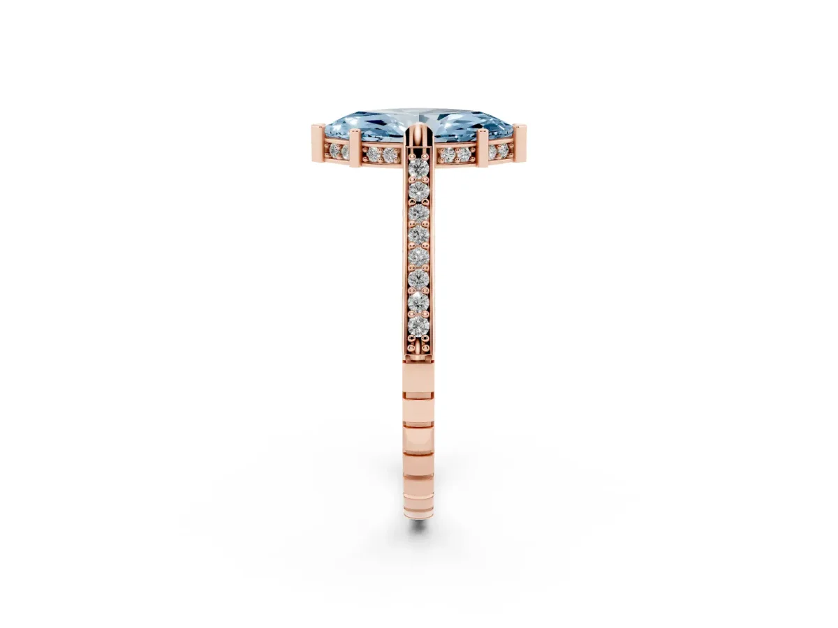 Fancy Blue Marquise Cut Solitaire Diamond Ring with Channel Set Band and Bezel Prong Setting Rose gold