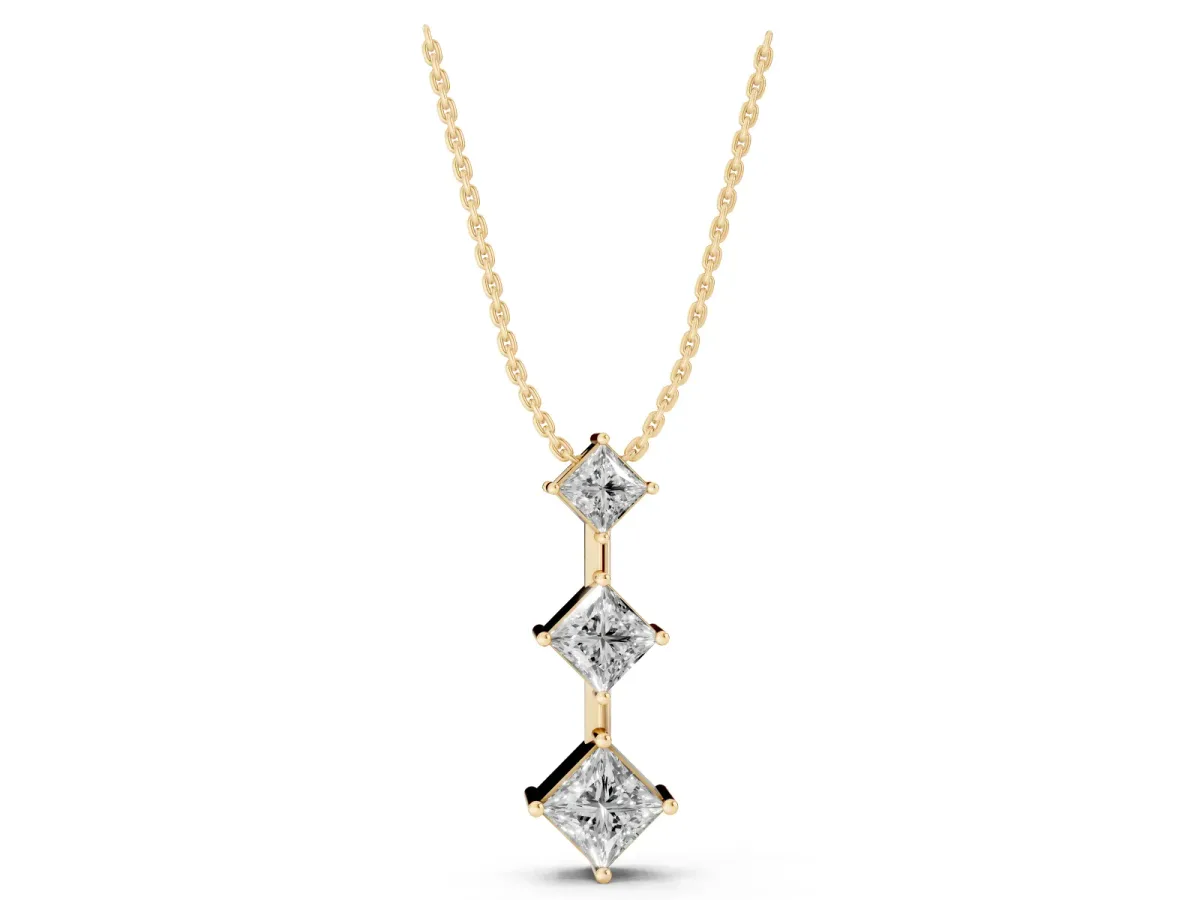 Three-Stone Princess Cut Diamond Pendant with Four-Prong Setting Yellow gold