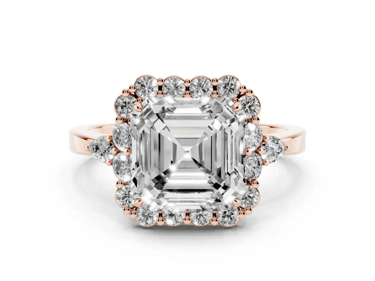 Asscher Cut Diamond Halo Ring with Pear Side Stones and Prong Setting Rose gold