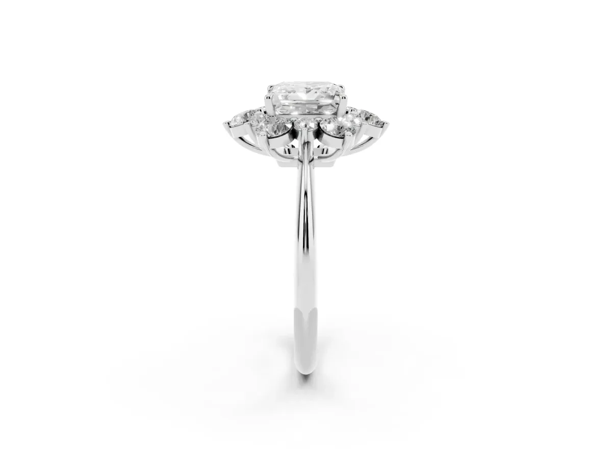Princess Cut Diamond Cluster Halo Ring with Solitaire Band and Four-Prong Setting Silver
