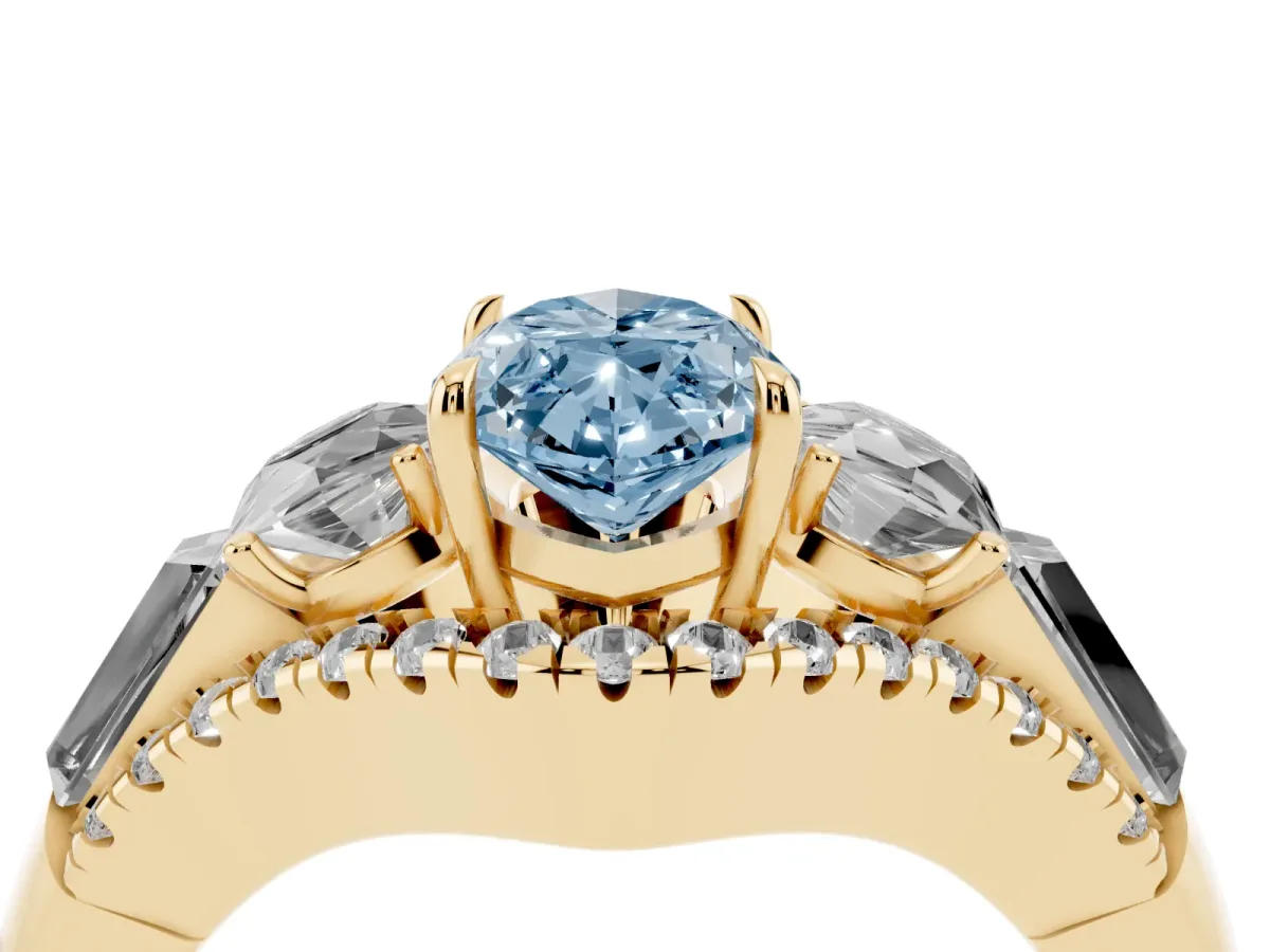 Fancy Blue Three-Stone Marquise Cut Diamond Engagement Ring with Pave Band and Prong Setting Yellow gold