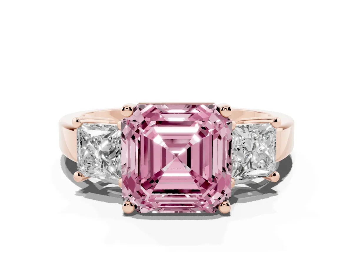 Fancy Pink Three-Stone Asscher Cut Cut Solitaire Ring with Prong Setting Rose gold