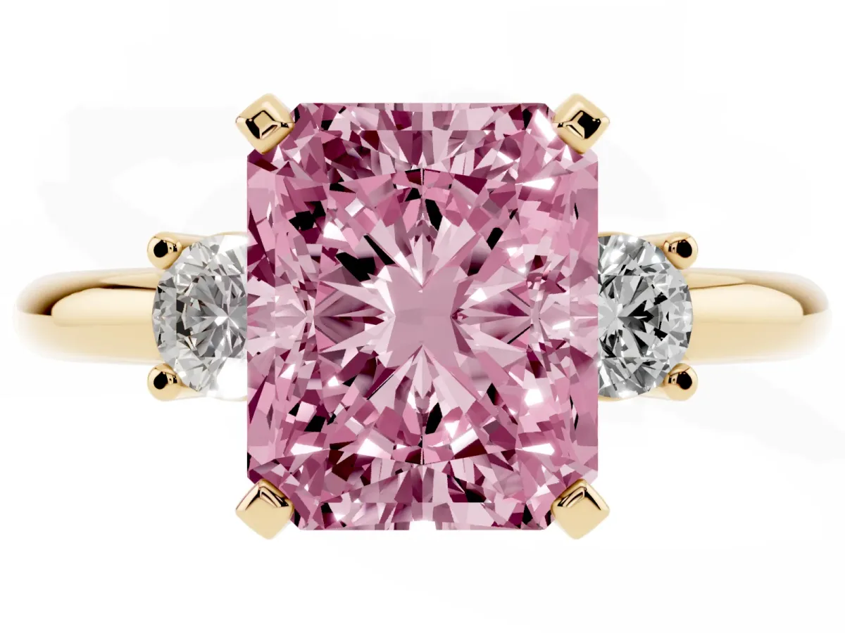 Fancy Pink Three-Stone Radiant Cut Cut Diamond Solitaire with Prong Setting and Classic Band Yellow gold