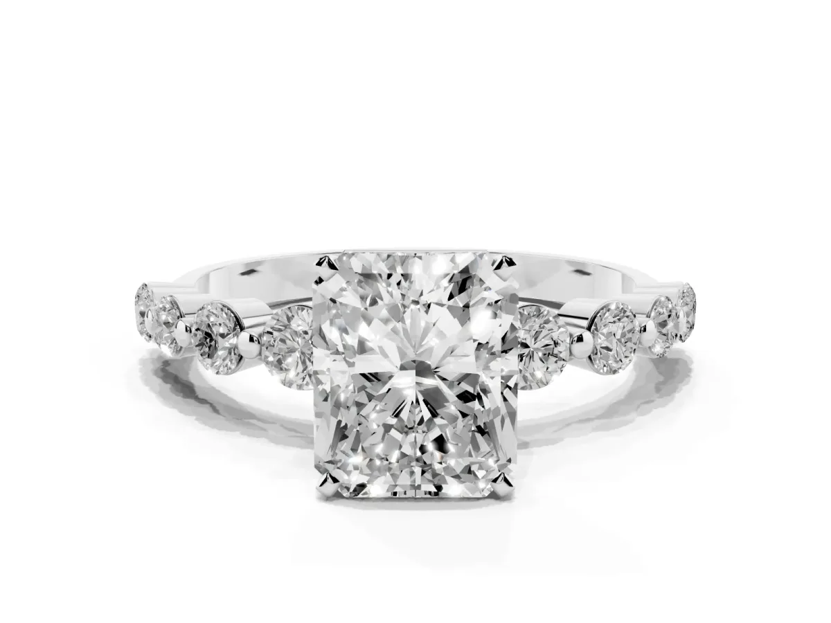 Radiant Cut Solitaire Diamond Ring with Pave Band and Four-Prong Setting Silver