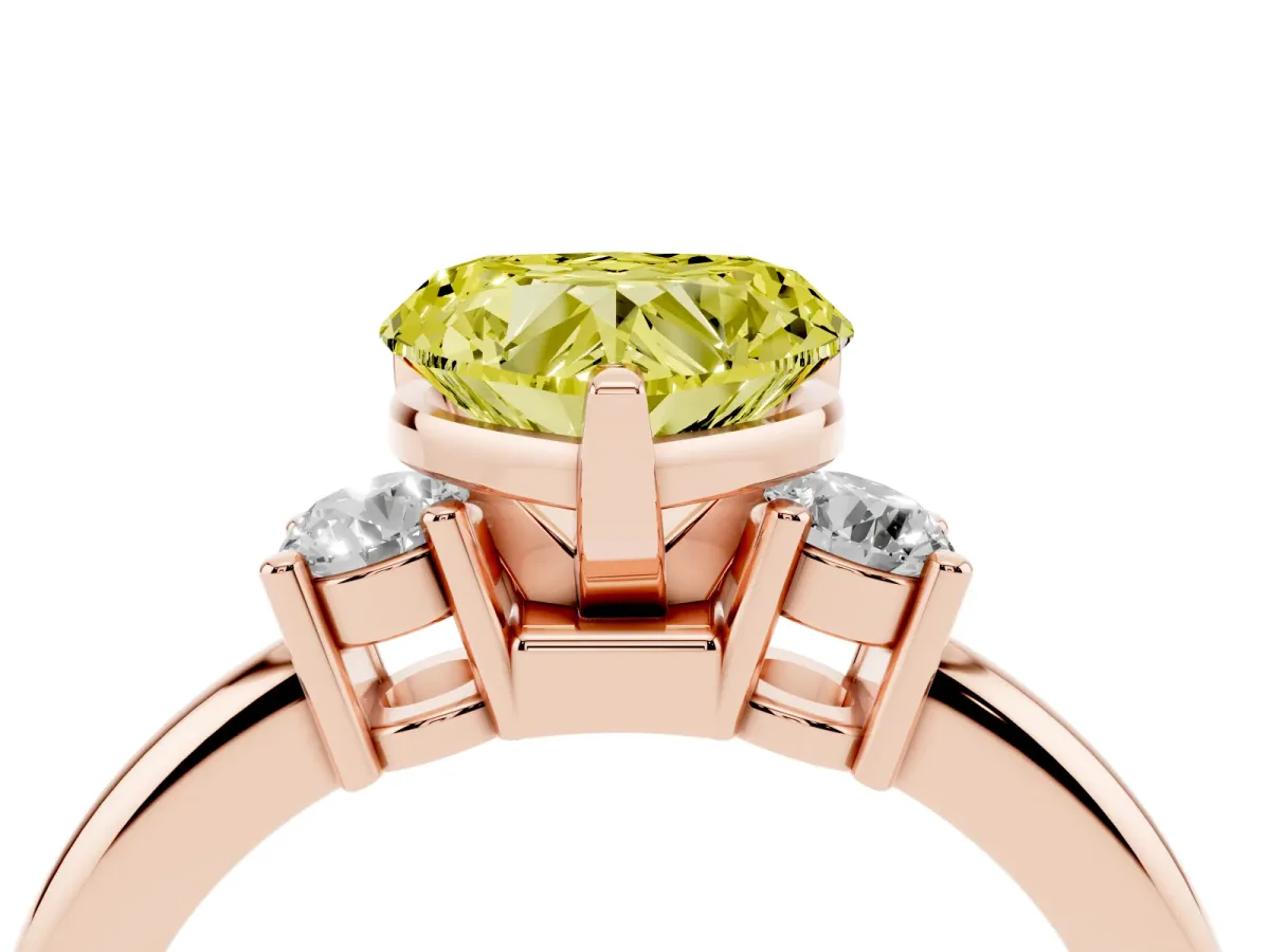 Fancy Yellow Three-Stone Heart Cut Cut Diamond Solitaire with Prong Setting and Classic Band Rose gold