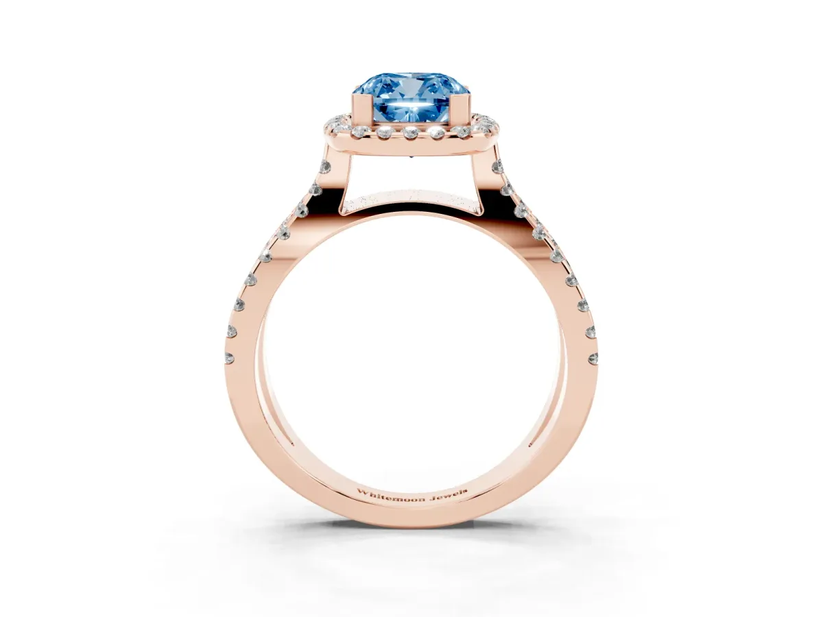 Fancy Blue Cushion Cut Diamond Halo Ring with Split Shank Pavé Band and Prong Setting Rose gold