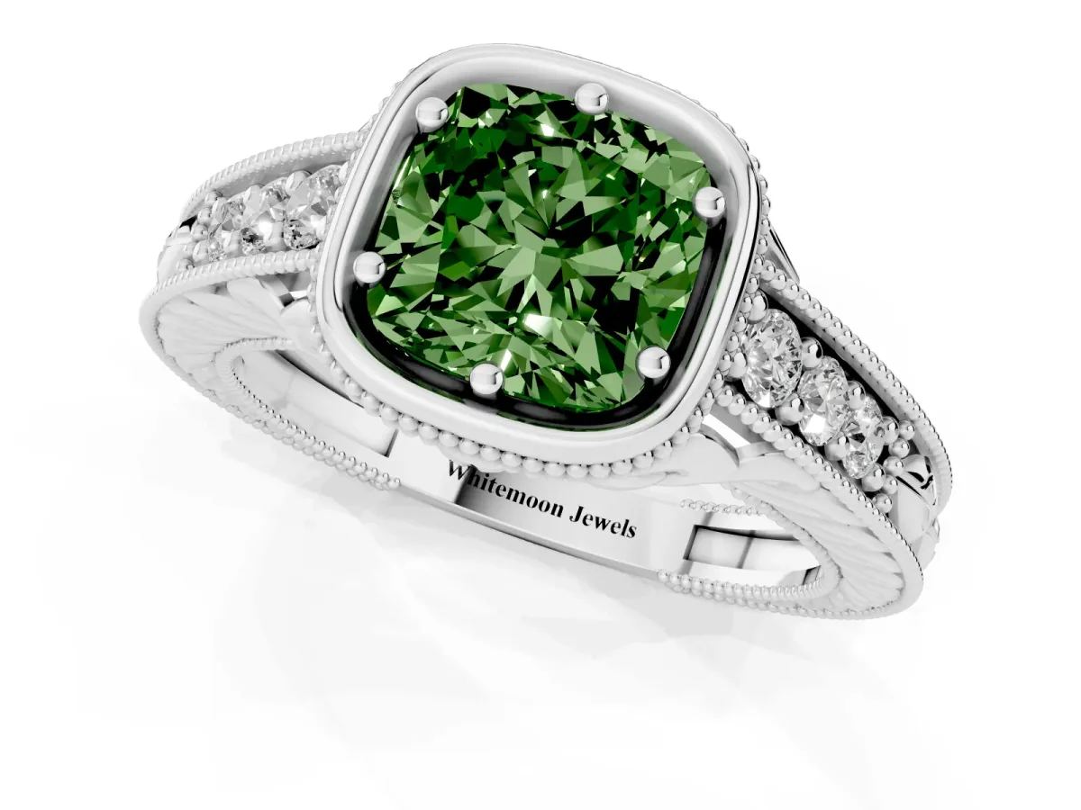 Fancy Green Bezel Set Cushion Cut Diamond Milgrain Pave Engagement Ring Silver