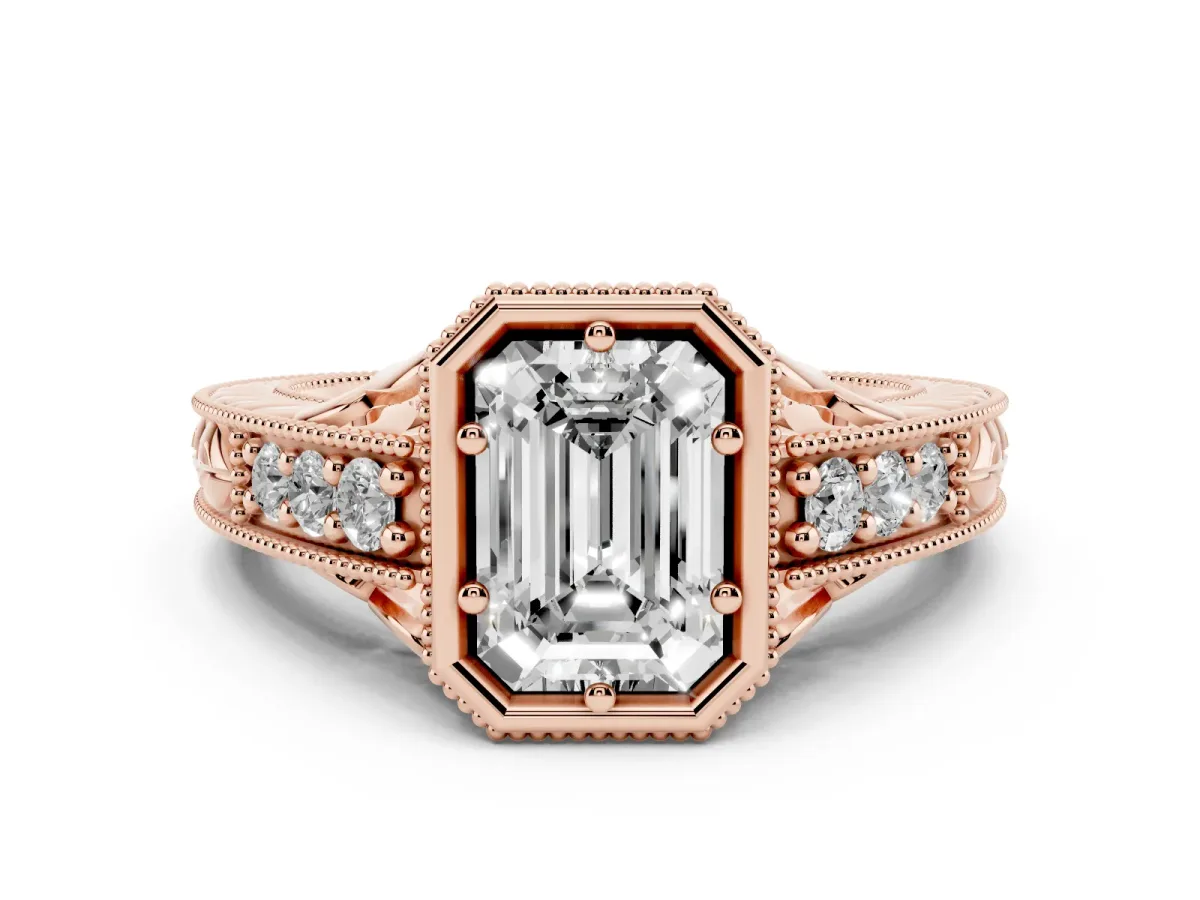 Bezel Set Emerald Cut Diamond Milgrain Pave Engagement Ring Rose gold