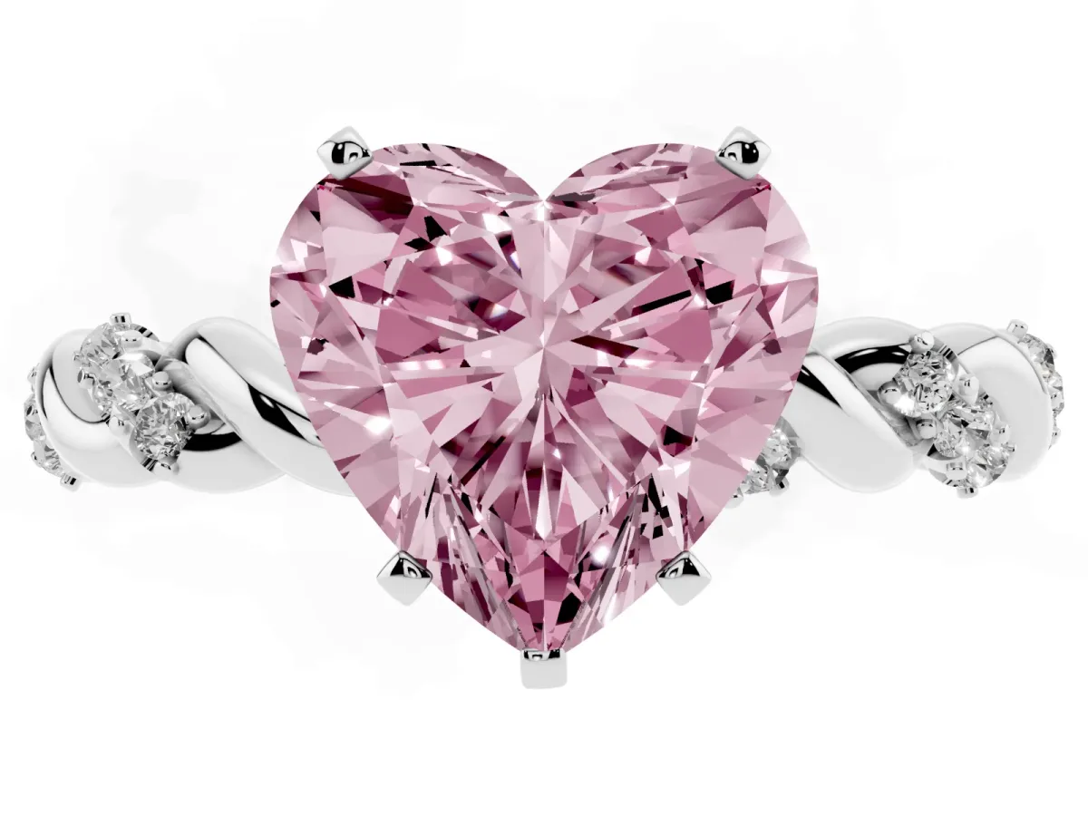 Fancy Pink Heart Cut Diamond Solitaire Ring with Twisted Band and Pavé Accents Platinum