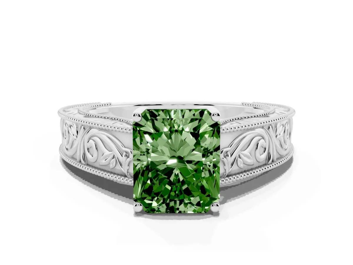 Fancy Green Radiant Cut Diamond Solitaire Ring with Engraved Band and Four-Prong Setting Platinum