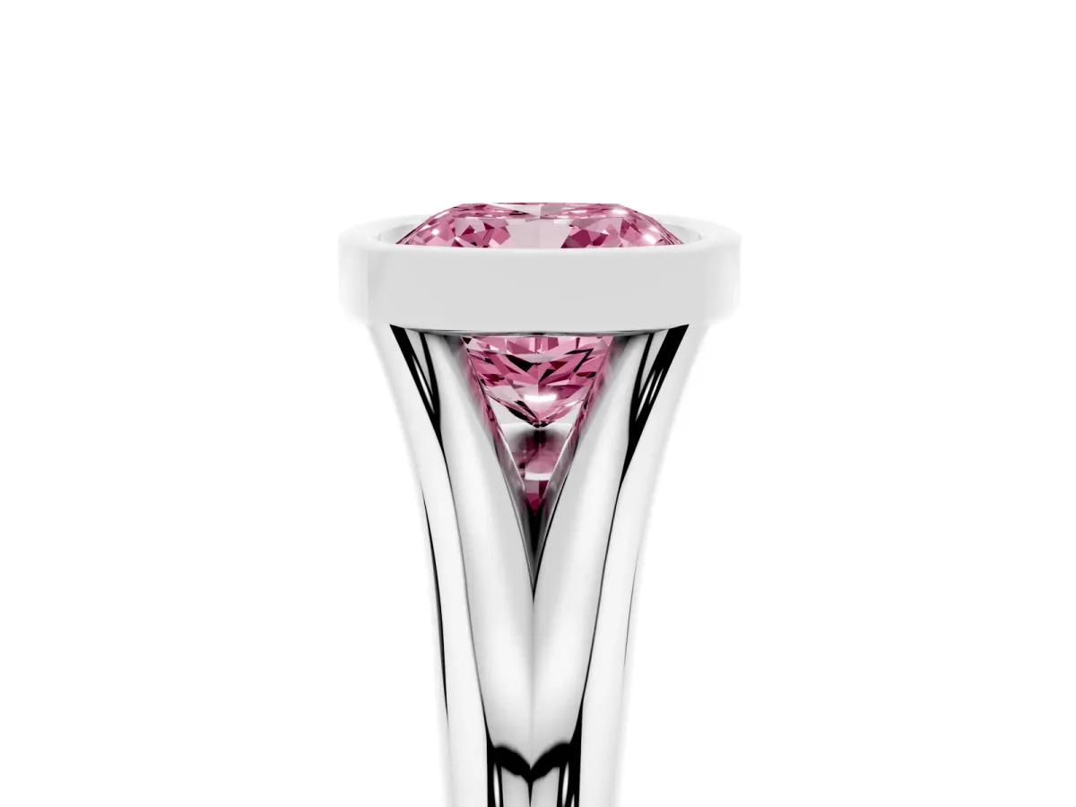 Fancy Pink Bezel Set Cushion Cut Solitaire Diamond Ring with Smooth Band Platinum