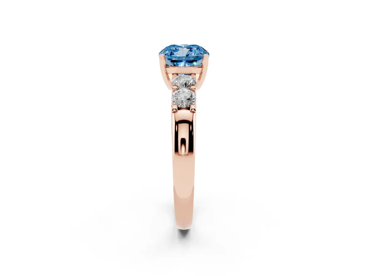 Fancy Blue Cushion Cut Brilliant Cut Diamond Five-Stone Prong Set Engagement Ring with Channel Band Rose gold