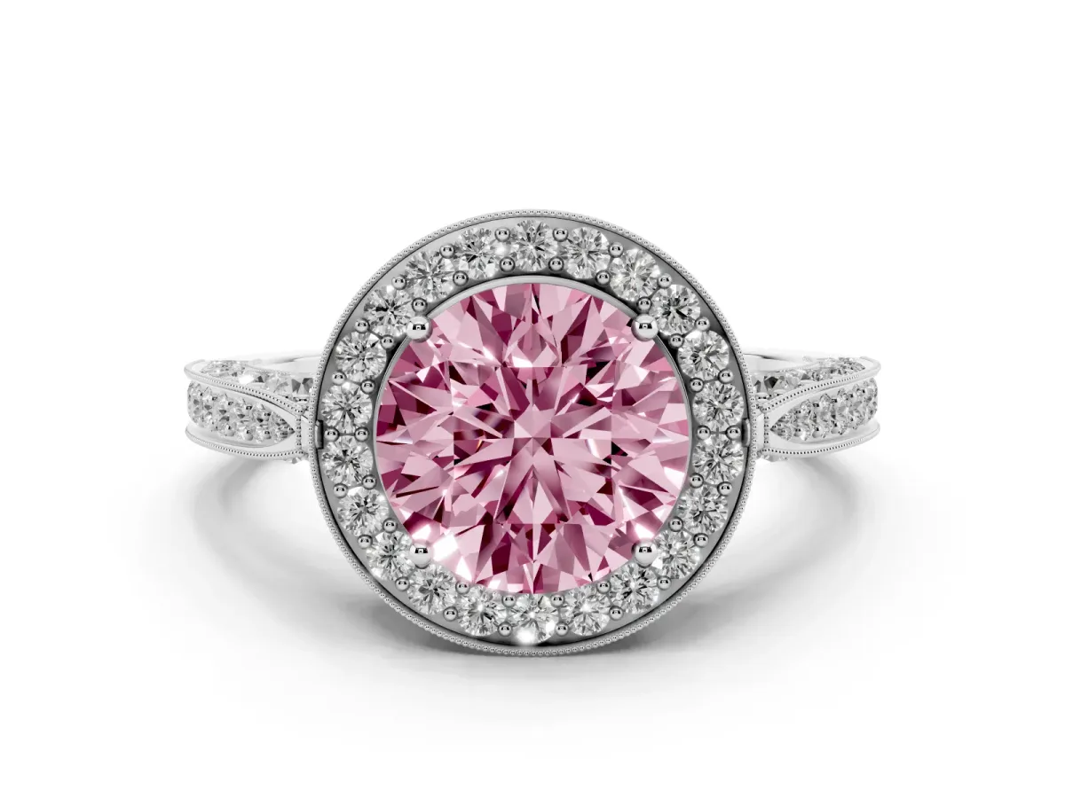 Fancy Pink Round Cut Halo Diamond Engagement Ring with Split Shank Band and Four-Prong Setting Silver