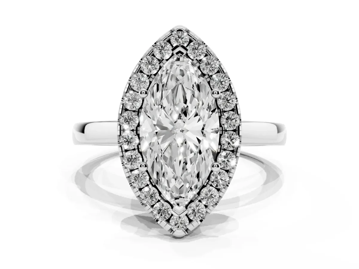 Marquise Cut Halo Diamond Solitaire with Pavé Band and Four-Prong Setting White gold