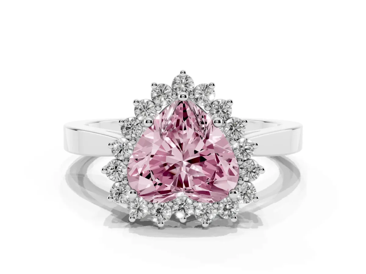 Fancy Pink Heart Cut Cut Diamond Halo Ring with Round Brilliant Halo and Solitaire Band Platinum