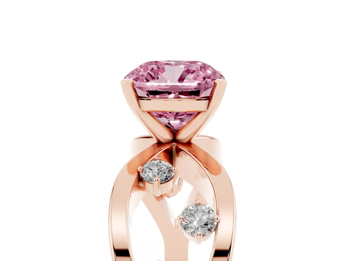 Fancy Pink Cushion Cut Cut Solitaire Diamond with Side Stones on Criss-Cross Band and Four-Prong Setting Rose gold
