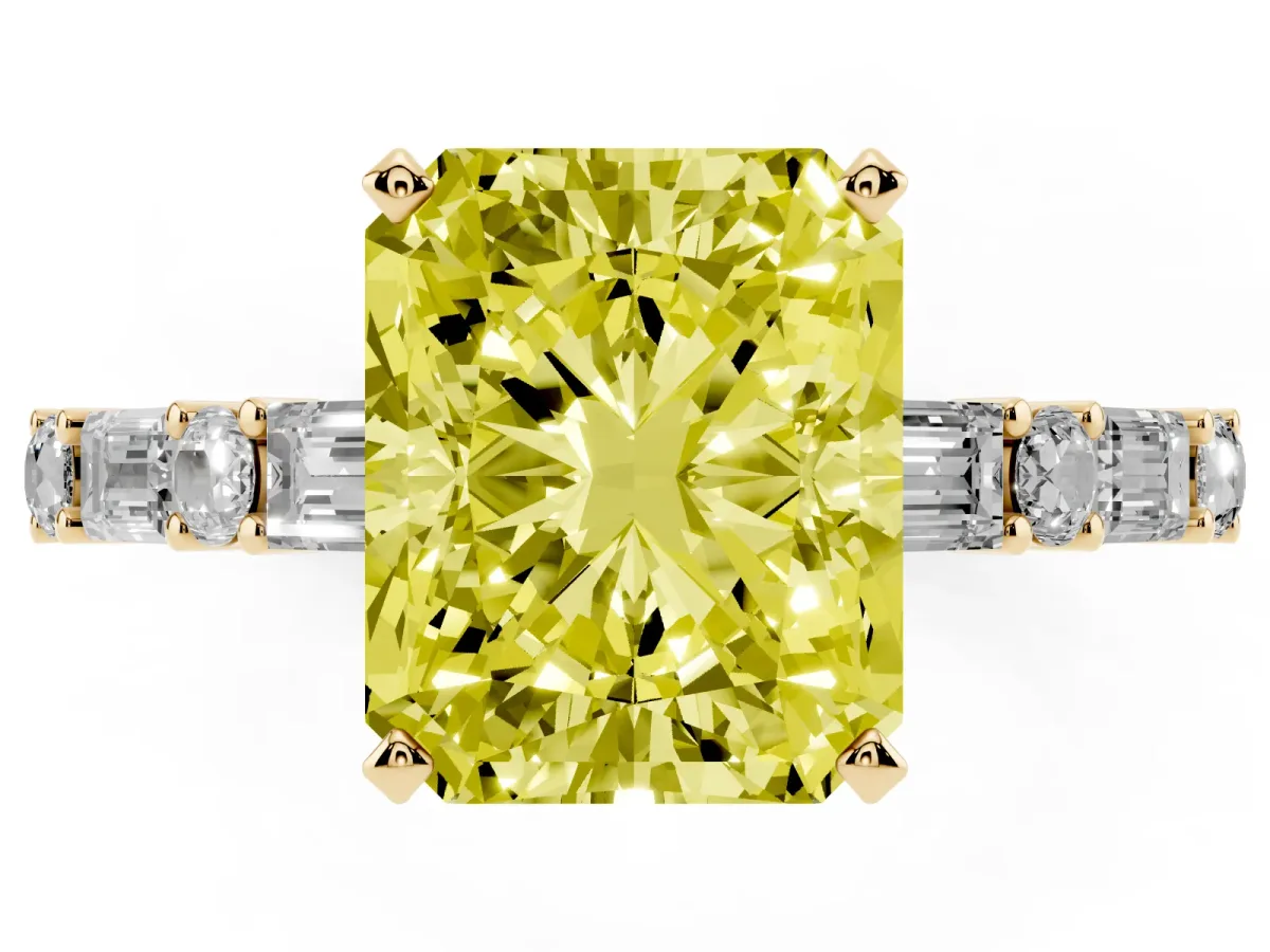 Fancy Yellow Radiant Cut Diamond Solitaire with Side Baguettes and Channel Set Band Yellow gold