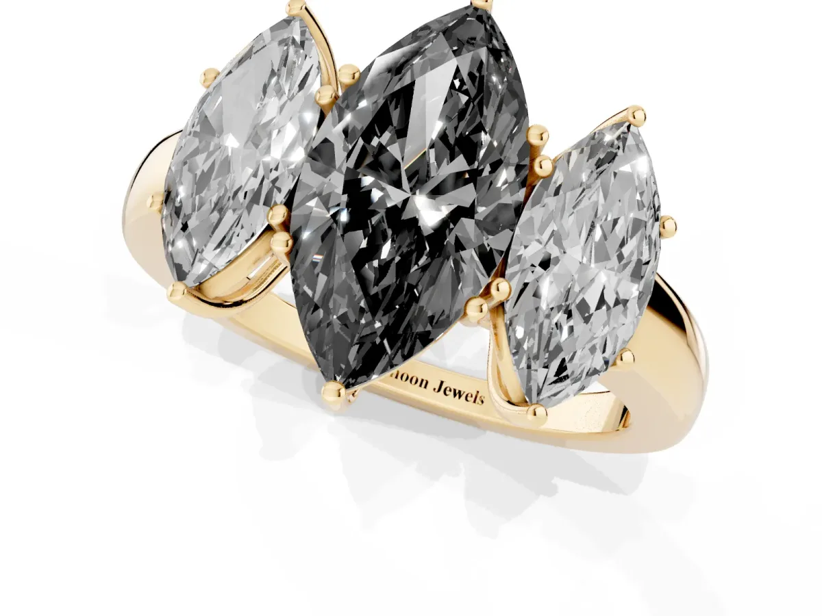 Fancy Black Marquise Cut Diamond Three-Stone Ring with Four-Prong Setting and Classic Band Yellow gold