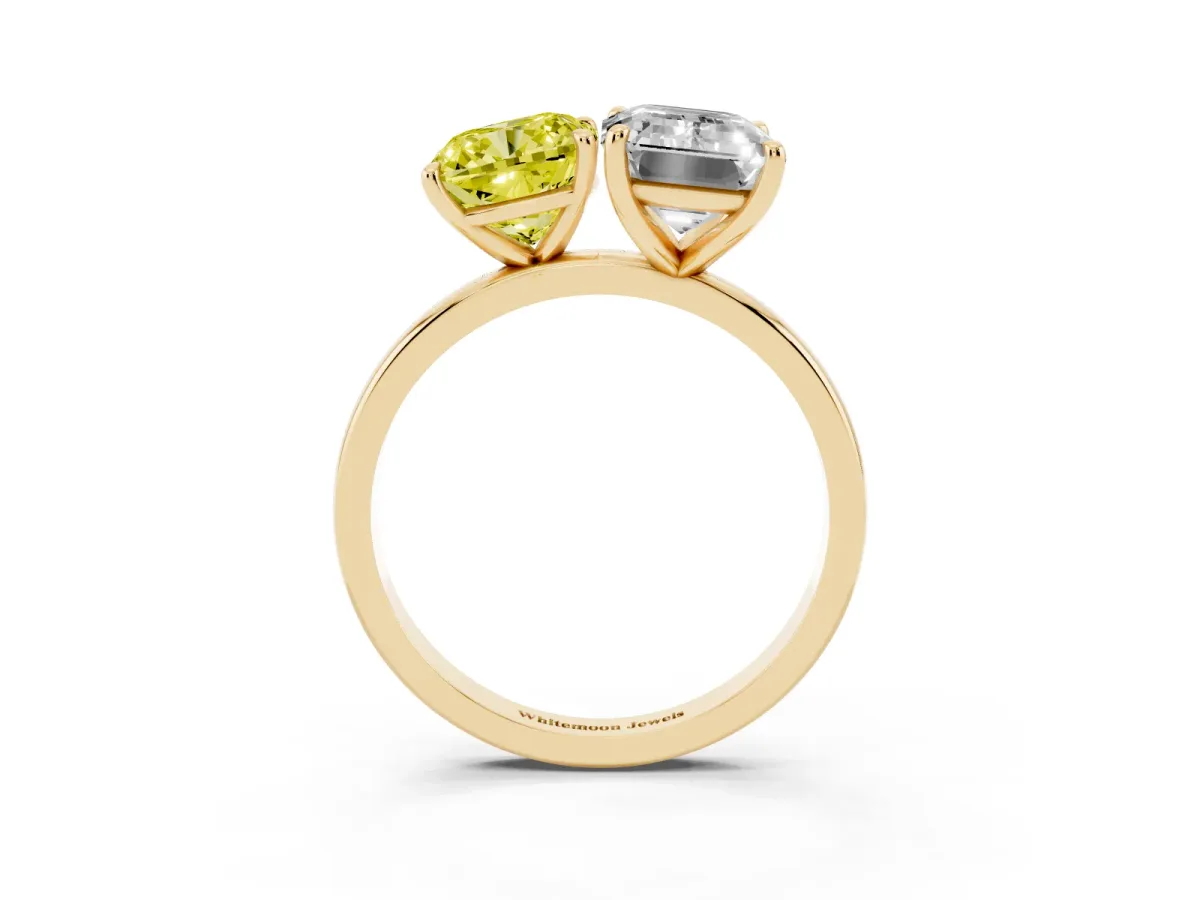 Fancy Yellow Cushion Cut and Emerald Cut Toi Moi Ring with Prong Setting Yellow gold