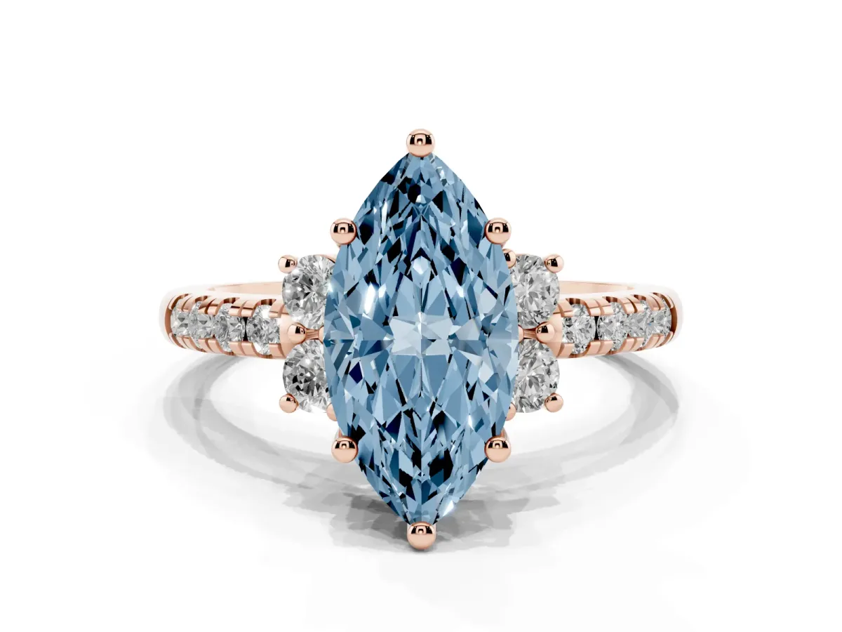 Fancy Blue Marquise Cut Diamond Three-Stone Pave Band with Four-Prong Setting Rose gold