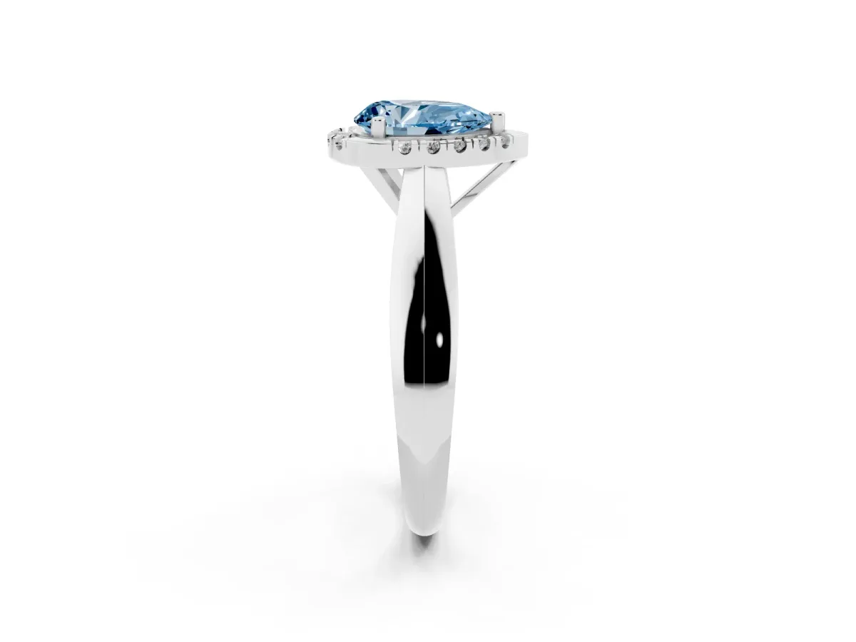 Fancy Blue Pear Cut Cut Halo Solitaire Engagement Ring with Square Band and Four-Prong Setting Platinum