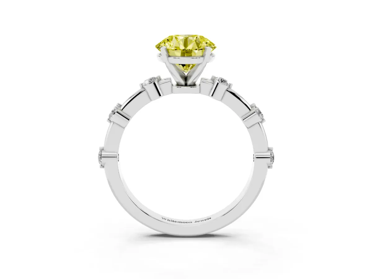 Fancy Yellow Round Cut Solitaire Diamond Ring with Bezel Set Side Stones and Prong Setting Silver