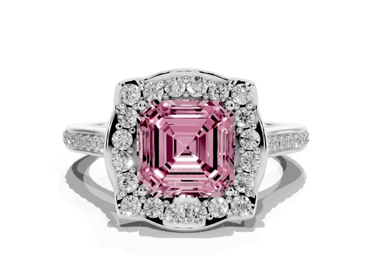 Fancy Pink Asscher Cut Halo Round Diamond Pave Band with Four-Prong Setting Platinum