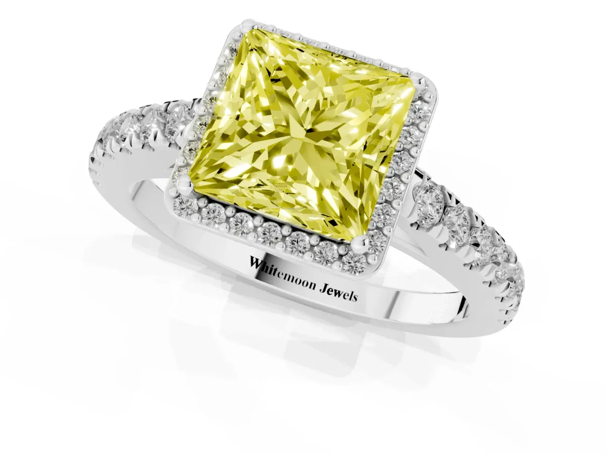 Fancy Yellow Princess Cut Cut Halo Diamond Engagement Ring with Pave Band and Four-Prong Setting Platinum