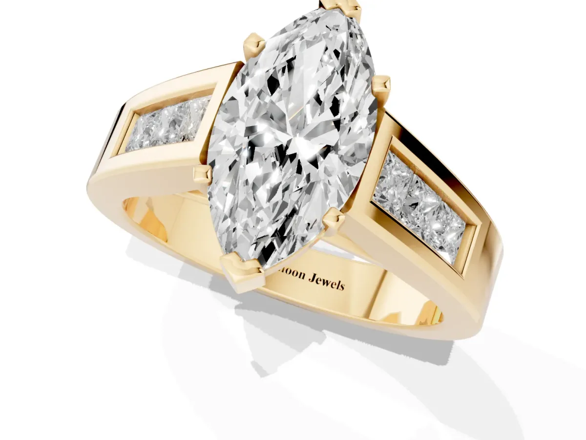 Marquise Cut Cut Channel Set Solitaire Ring with Four-Prong Setting Yellow gold
