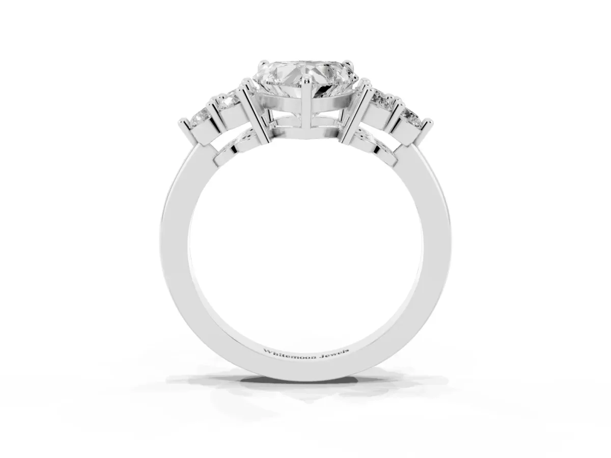 Heart Cut Brilliant Diamond Cluster Accent Solitaire Ring with Prong Setting Platinum