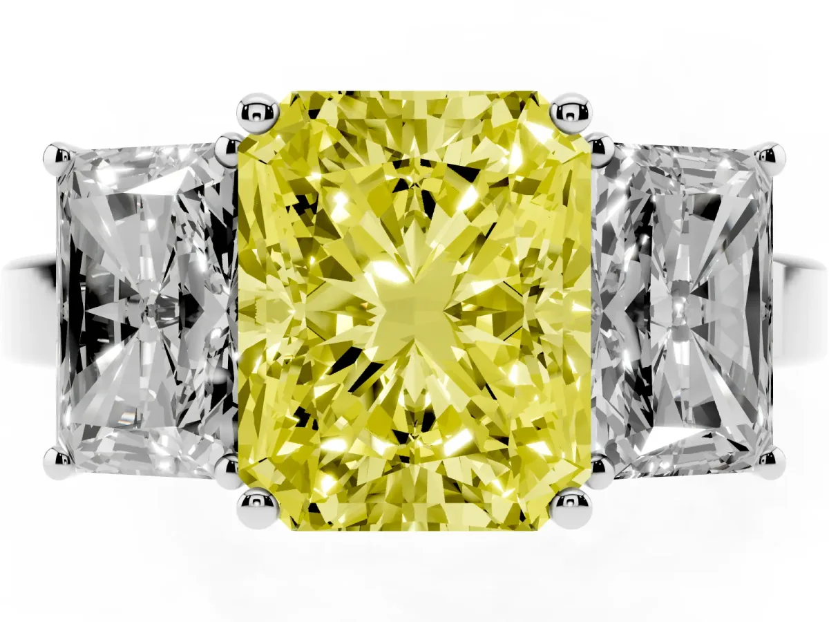 Fancy Yellow Three-Stone Radiant Cut Cut Diamond Engagement Ring with Flat Band and Four-Prong Setting Silver