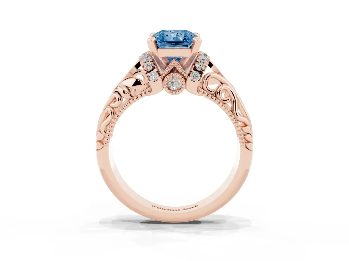 Fancy Blue Radiant Cut Solitaire Filigree Engagement Ring with Halo and Prong Setting Rose gold