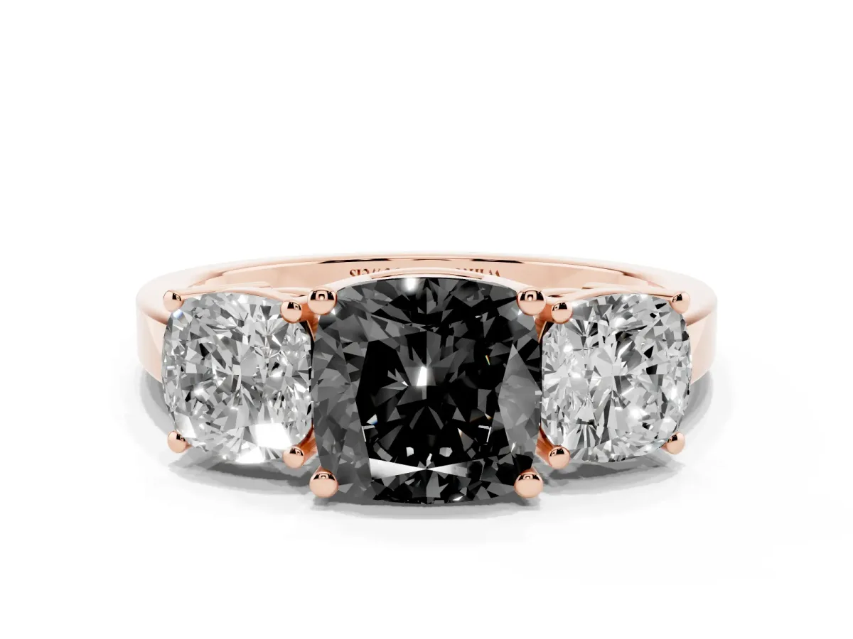 Fancy Black Three-Stone Cushion Cut Cut Diamond Engagement Ring with Flat Band and Four-Prong Setting Rose gold