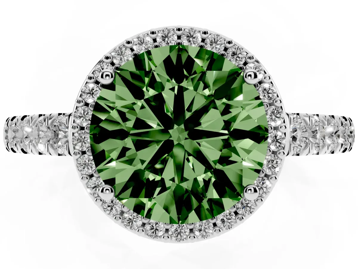 Fancy Green Round Cut Cut Halo Diamond Engagement Ring with Pave Band and Four-Prong Setting Platinum