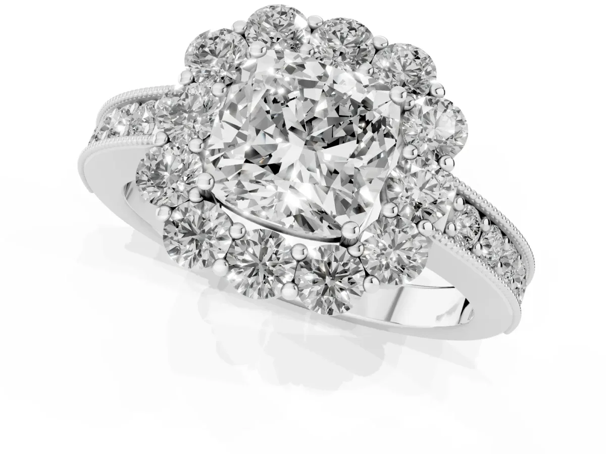 Cushion Cut Cut Halo Diamond Pavé Engagement Ring with Milgrain Detailing Silver