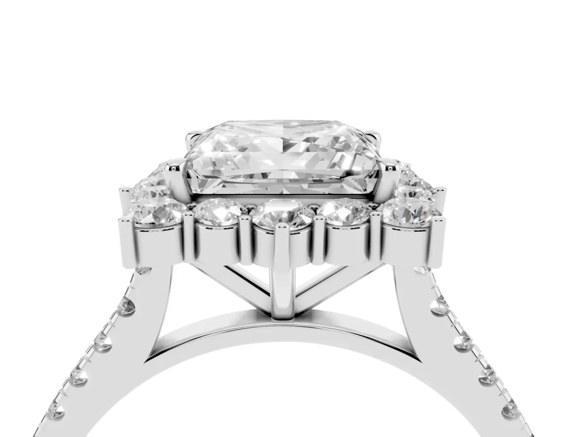 Princess Cut Halo Diamond Ring with Pavé Band and Prong Setting Silver