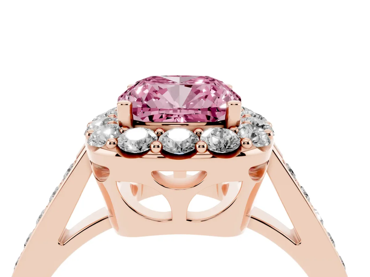 Fancy Pink Cushion Cut Diamond Floral Halo Ring with Pavé Band and Prong Setting Rose gold