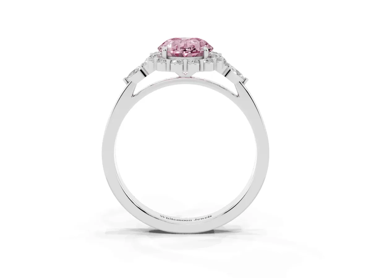 Fancy Pink Oval Cut Diamond Halo Ring with Pear Side Stones and Prong Setting Silver