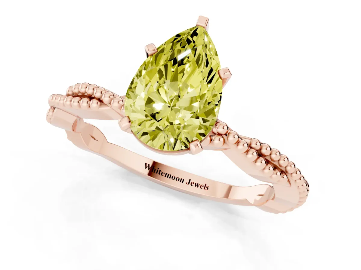 Fancy Yellow Pear Cut Solitaire Twisted Band with Bead Prong Setting Rose gold