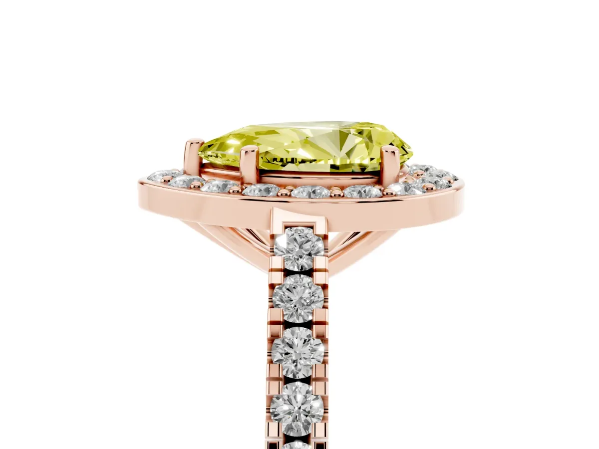 Fancy Yellow Pear Cut Diamond Halo Ring with Round Pavé Split Shank and Prong Setting Rose gold