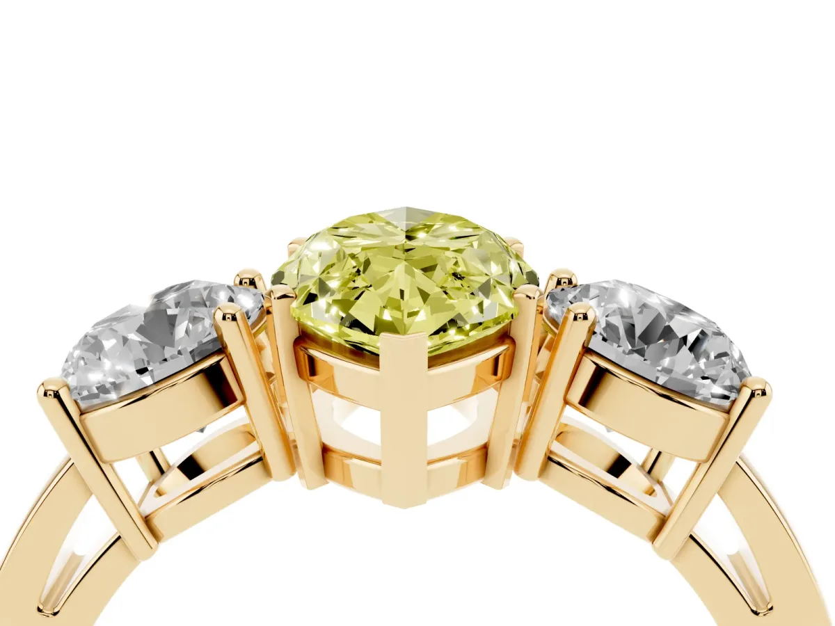 Fancy Yellow Three-Stone Marquise Cut Diamond Ring with Round Side Stones, Classic Band, and Four-Prong Setting Yellow gold