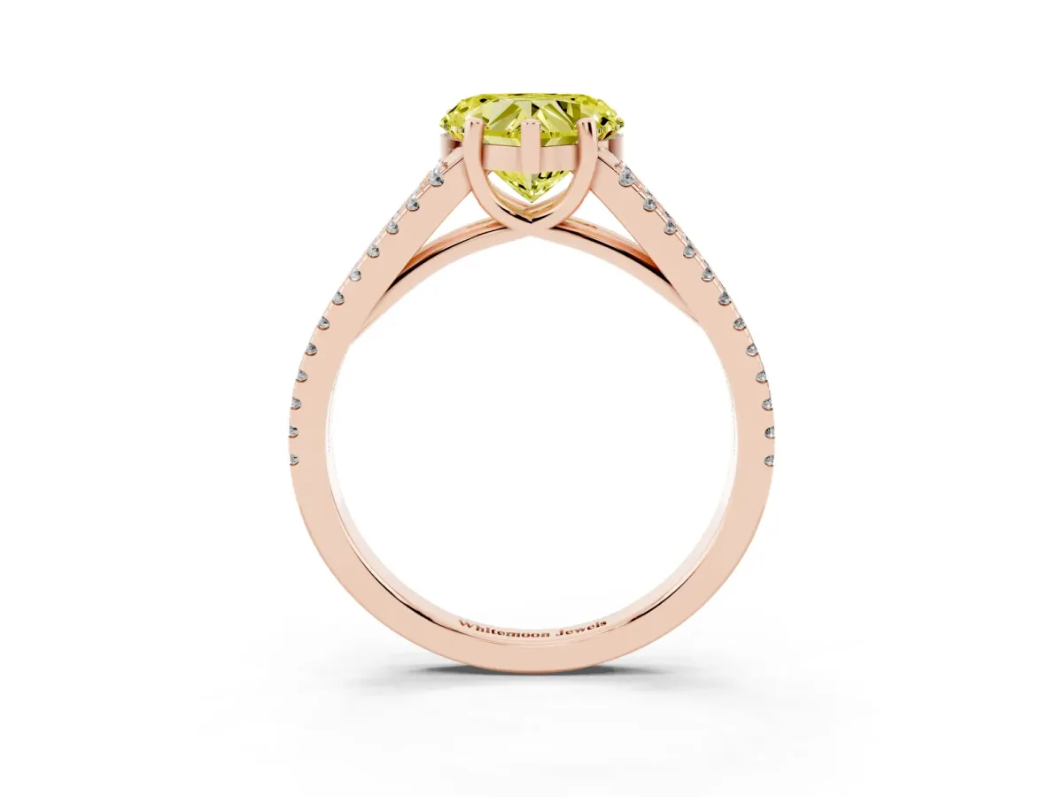 Fancy Yellow Heart Cut Diamond Solitaire Engagement Ring with Split Shank Pavé Band Rose gold