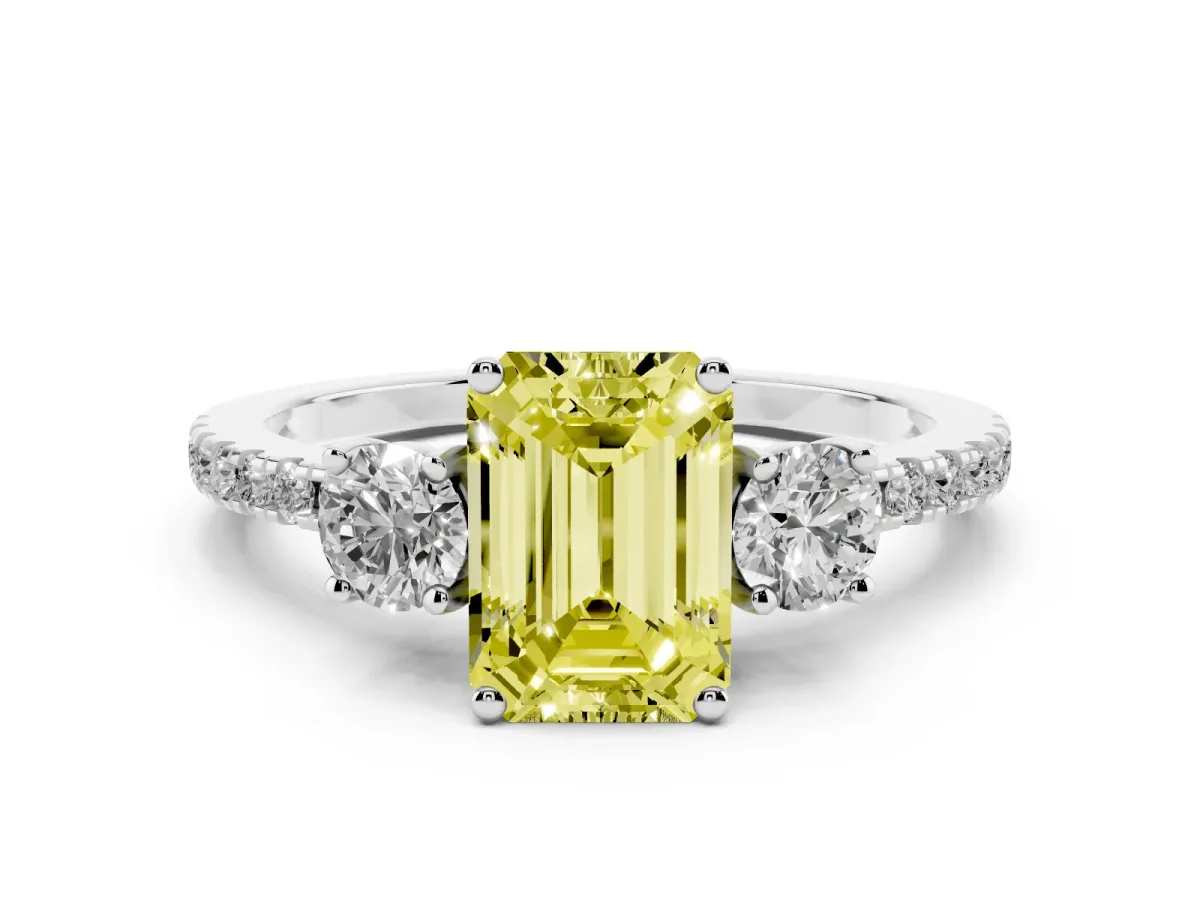 Fancy Yellow Three-Stone Emerald Cut Cut Diamond Pavé Band with Prong Setting Silver
