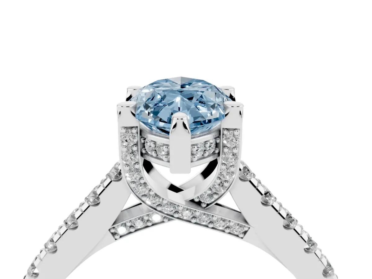 Fancy Blue Marquise Cut Brilliant Diamond Solitaire with Pavé Band and Four-Prong Setting Silver