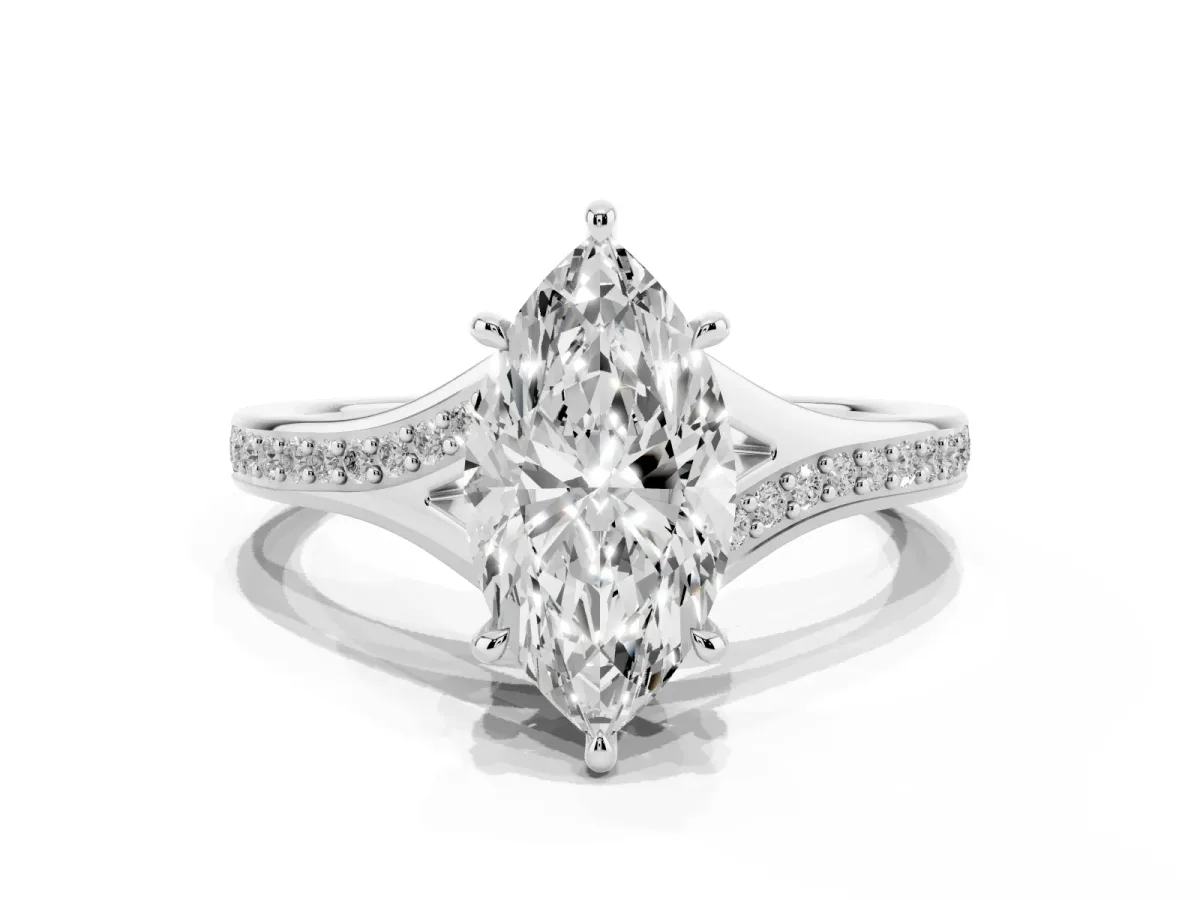 Marquise Cut Diamond Solitaire Ring with Pavé Band and Prong Setting Platinum