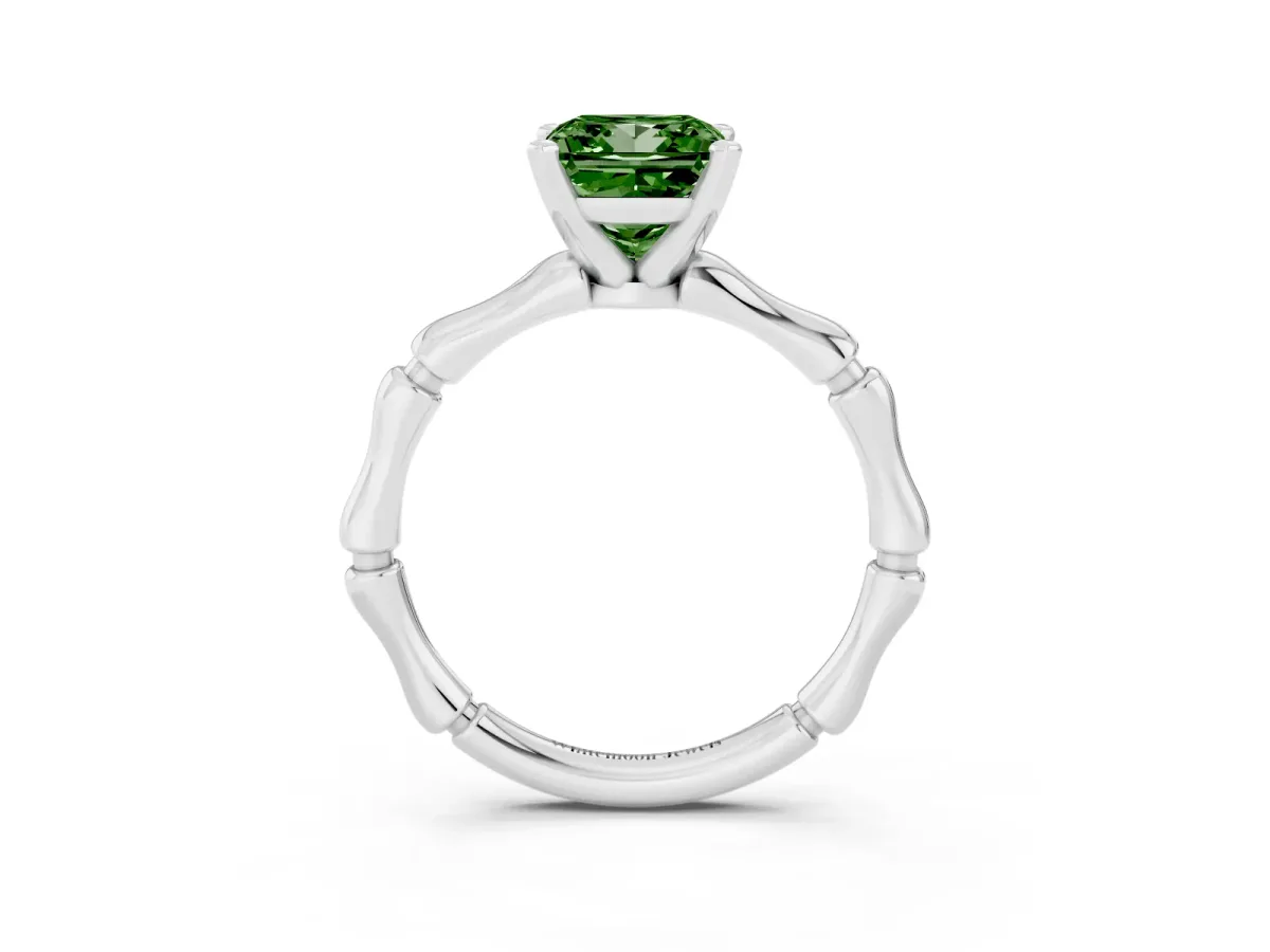 Fancy Green Princess Cut Solitaire Diamond Ring with Bamboo Band and Four-Prong Setting Silver