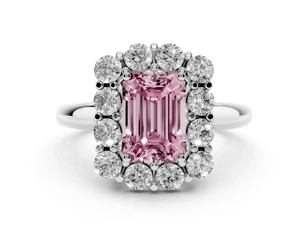 Fancy Pink Emerald Cut Halo Cluster Diamond Engagement Ring with Prong Setting and Polished Band Silver