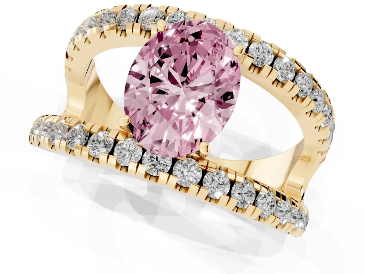 Fancy Pink Oval Cut Solitaire Split Shank Pave Diamond Ring Yellow gold