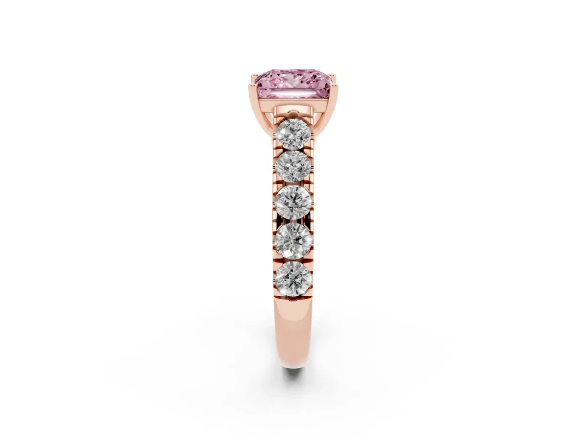 Fancy Pink Princess Cut Cut Diamond Solitaire Ring with Micro Pave Band and Prong Setting Rose gold