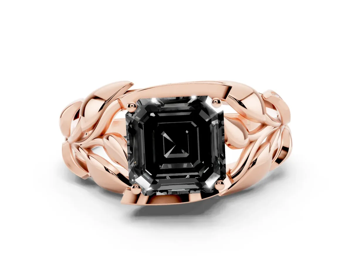 Fancy Black Asscher Cut Diamond Leaf-Inspired Engagement Ring with Round Accents and Prong Setting Rose gold